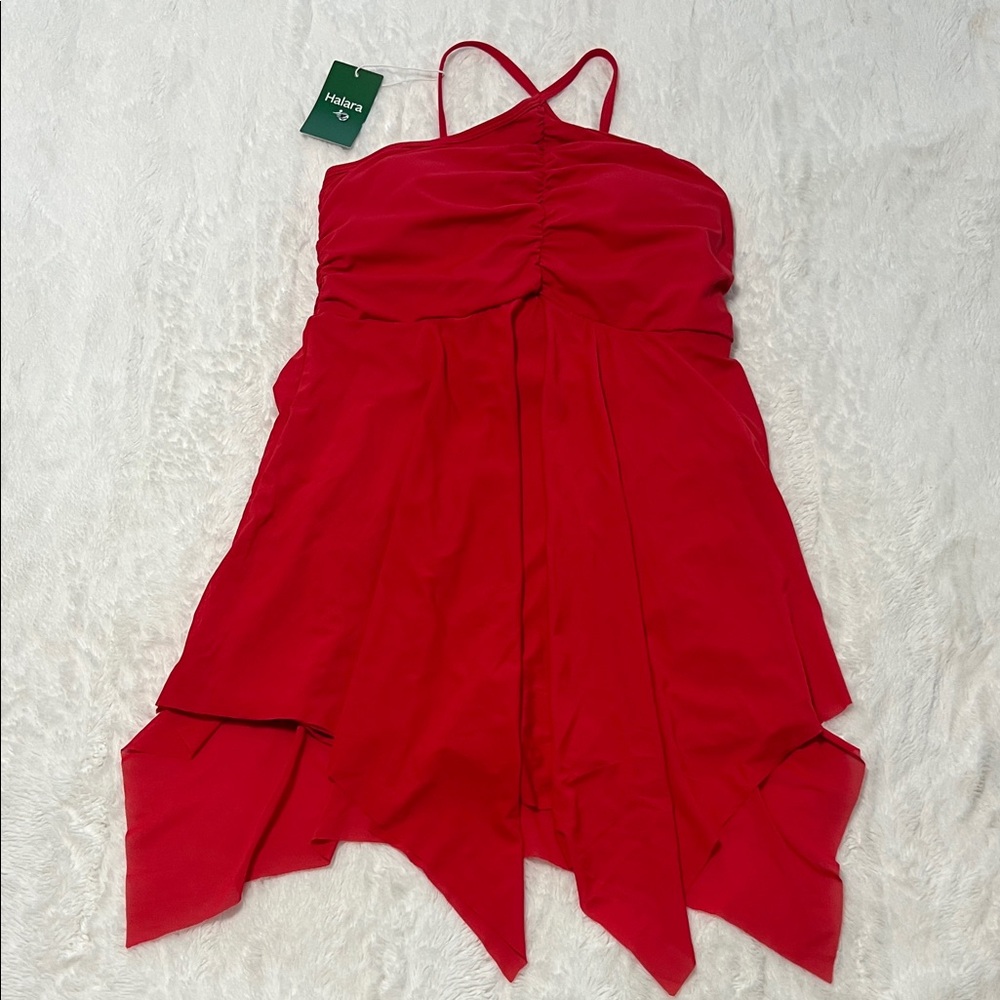 HALARA Red Ruched Bodice Handkerchief Hem Dress